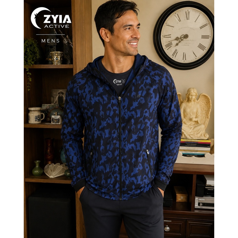 Zyia Active Mens Blue Camo Full Zip Hooded Windbreaker Jacket Small